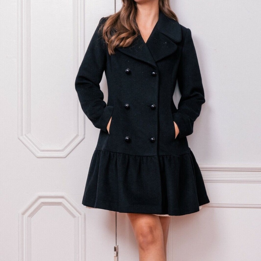 Gal Meets Glam Amanda Black Coat Double Breasted Ruffle Hem Size Med NWT